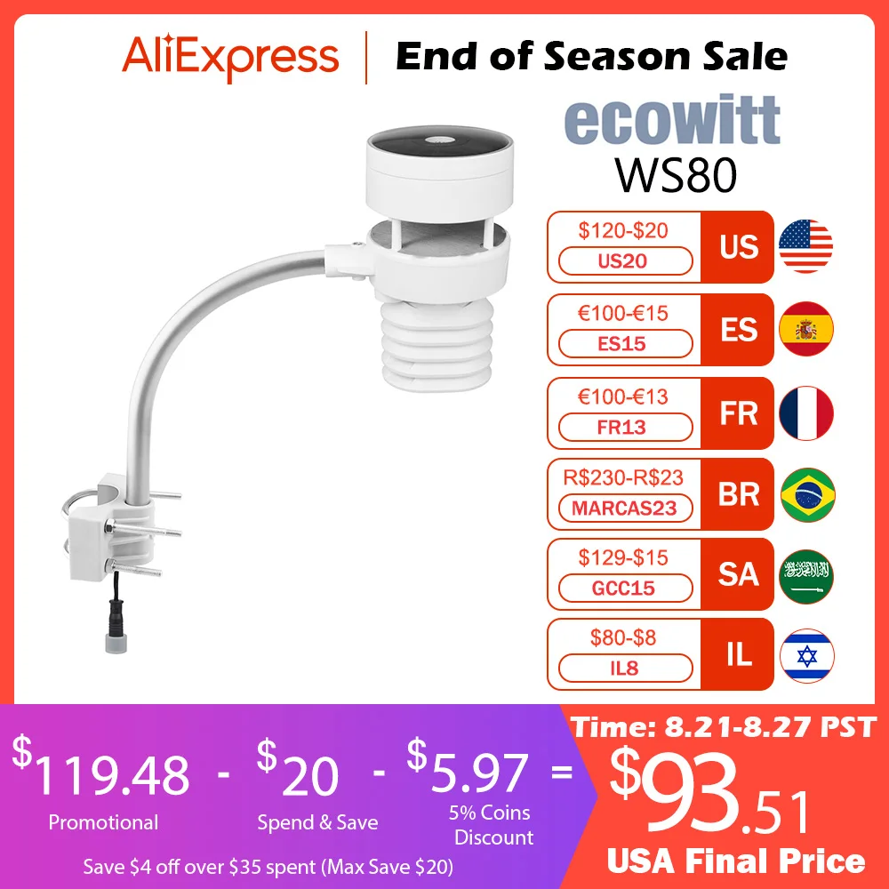 Ecowitt WS80 Ultrasonic Anemometer with Light & UV, Thermo-hygrometer Sensors, 6-in-1 Solar Powered Weather Station Sensor