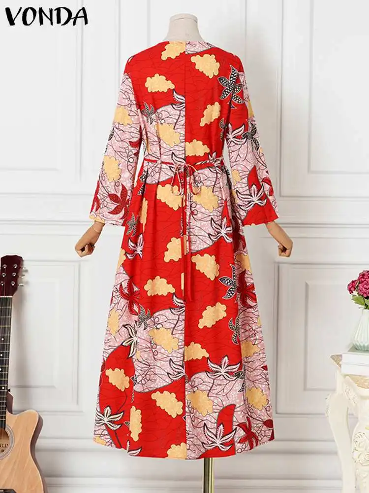 VONDA Plus Size Women 2023 Summer Floral Printed Maxi Dress Summer Lace Patchwork Long Sundress Long Sleeve Pleated Party Robe