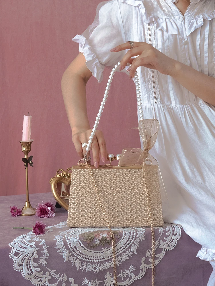 Женская плетеная сумочка в стиле ретро с жемчужной цепочкой кружевные украшения