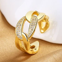 new trendy fine korean fashion cuban chain diamond zircon open ring women girl 18k gold summer accessories luxury jewelry gift