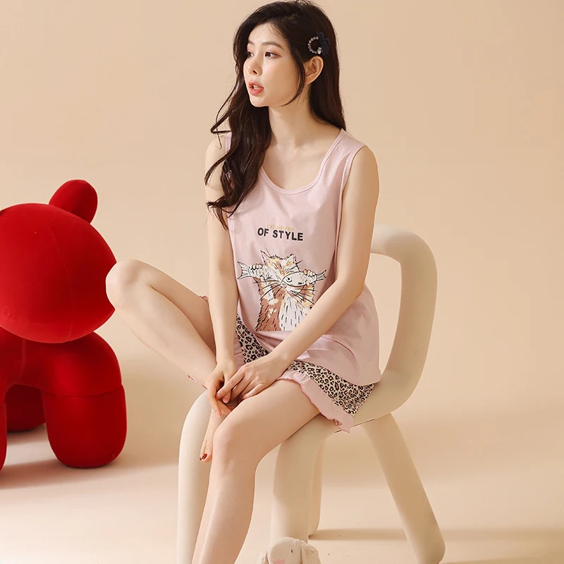 Жилет с животным котом + шорты леопардовым принтом пижама одежда для сна без