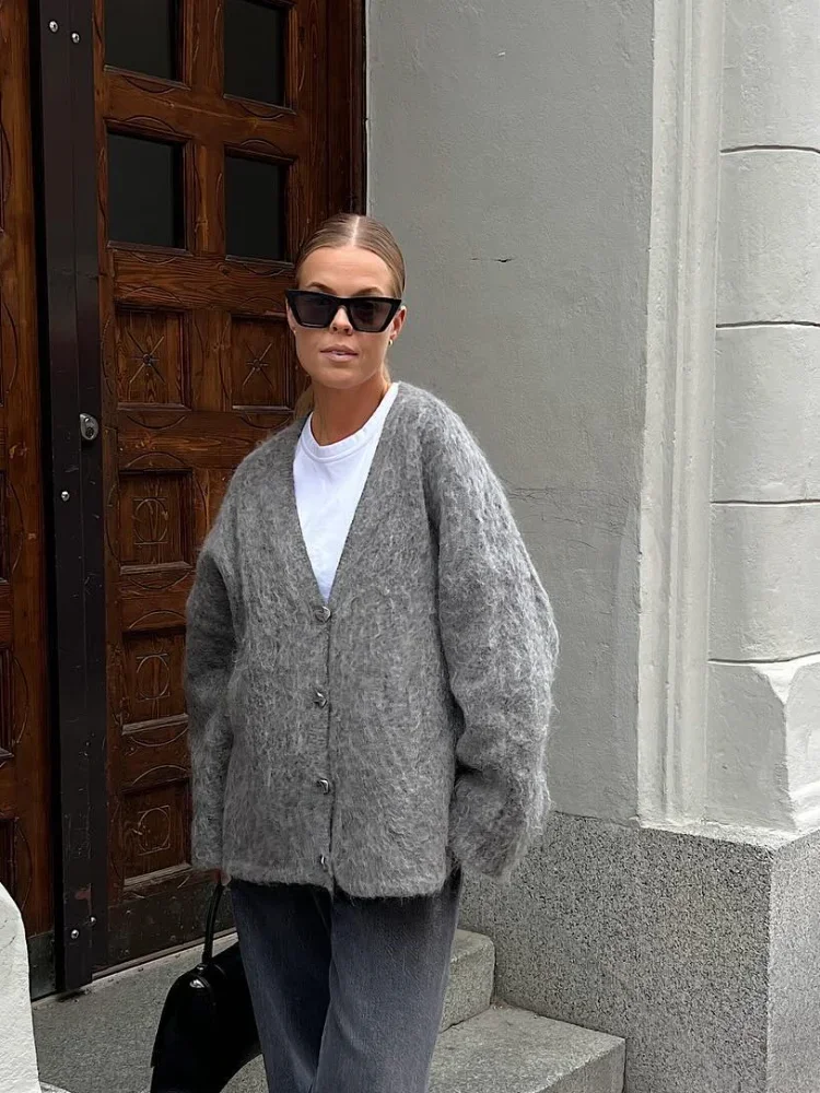 Женский мохеровый кардиган элегантный серый однобортный Кардиган оверсайз с