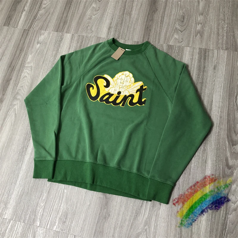 

Зеленый потертый Свитшот Saint Michael для мужчин и женщин, треснувший ангел, винтажные пуловеры с круглым вырезом