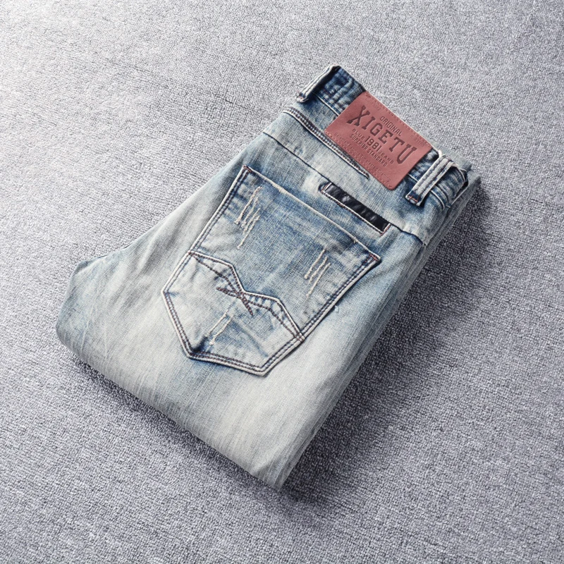 Fashion Vintage Men Jeans Retro Gray Blue Elastic Slim Fit Ripped Jeans Men Stretch Trousers Patched Designer Denim Pants Hombre