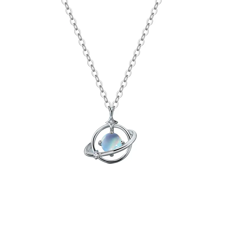 

S925 Sterling Silver Moonstone Planet Necklace Female Clavicle Chain