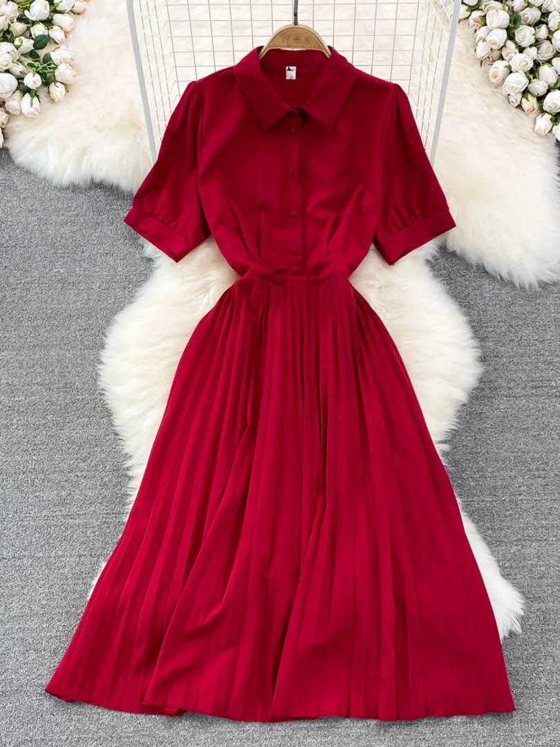 

Женское однотонное Плиссированное Платье-рубашка, повседневное Элегантное однобортное офисное платье миди с отложным воротником и коротк...