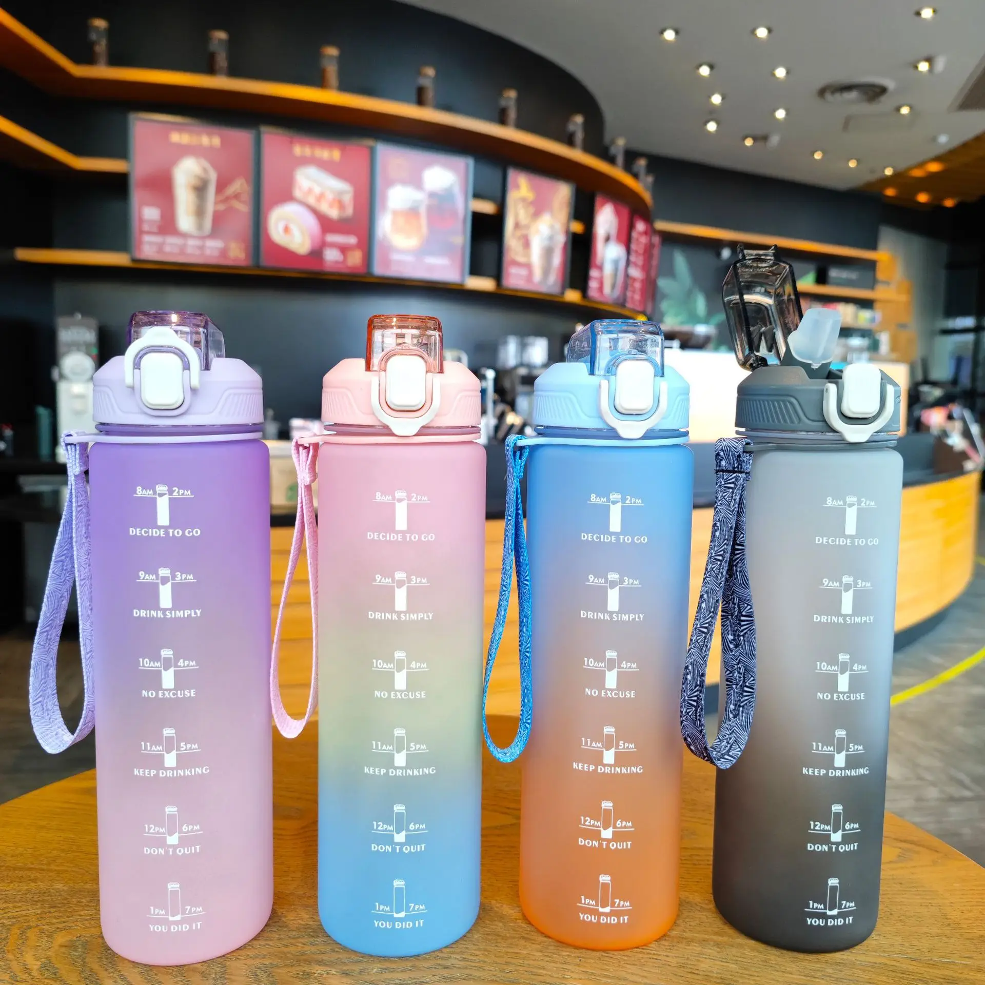 1L Sports Water Bottle Outdoor Time Marker Frosted Straw Cup Large Scale Free Motivational Fitness Workout Cups Gym Water Drink