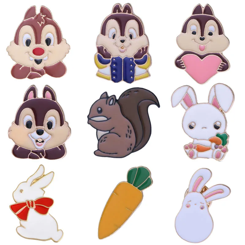 

1PCS Alloy Cartoon Animal Series Enamel Pin Charm Squirrel Rabbit Carrot Brooch Lapel Badge Jewelry Children's Gift
