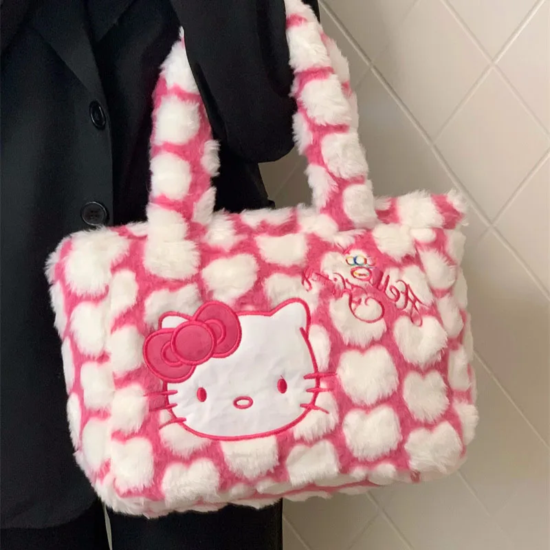 

Sanrio Hello Kitty Kawaii Plush Bag Women's 2022 New Autumn and Winter Plush Cartoon Pink Zipper Handbag Shoulder Bag