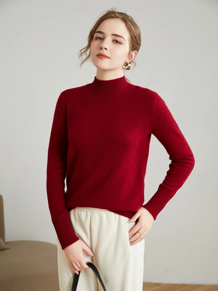 Autumn and winter new half turtleneck cashmere sweater women's long-sleeved slim fit solid color all-match wool knitted sweater