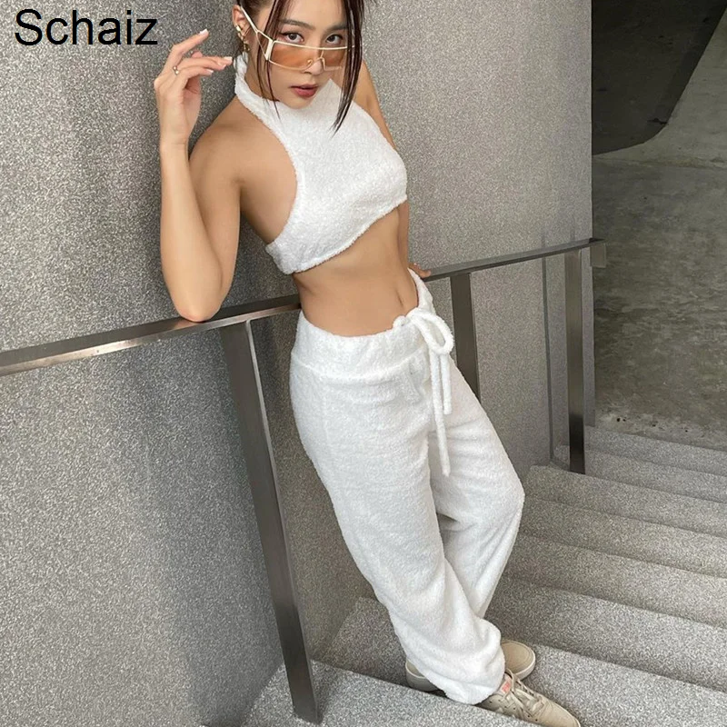 

Однотонный брючный костюм из мягкого вощеного плюша, жилет на бретельках, леггинсы с высокой талией и длиной ног, Модный женский костюм для ...