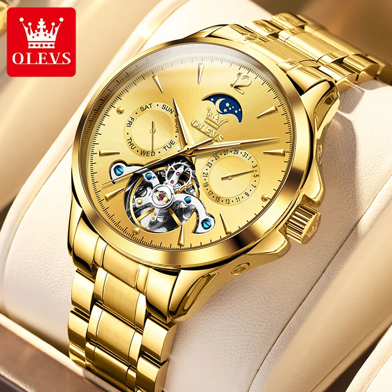 OLEVS New Automatic Mechanical Watch Mens Watches Top Brand Luxury Full Gold Tourbillon Watch Luminous Waterproof Men Clock 6663