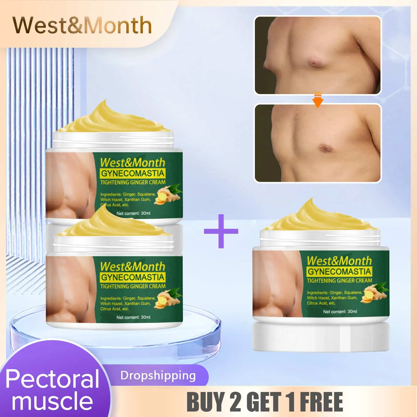 

3 PCS Tightening Muscle Anti-cellulite Firm Slimming Men Beauty Gynecomastia Chest Shrink Excess Ginger Massage Remove Cream