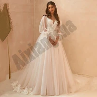 luxury wedding dresses appliques woman vestidos de novia illusion o neck full puffy sleeve elegant robe de mariee pure love