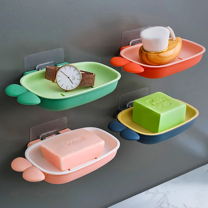 

Wall mounted soap dish plastic cute soap holder saver adhesive no drilling soap tray with drain for shower bathroom