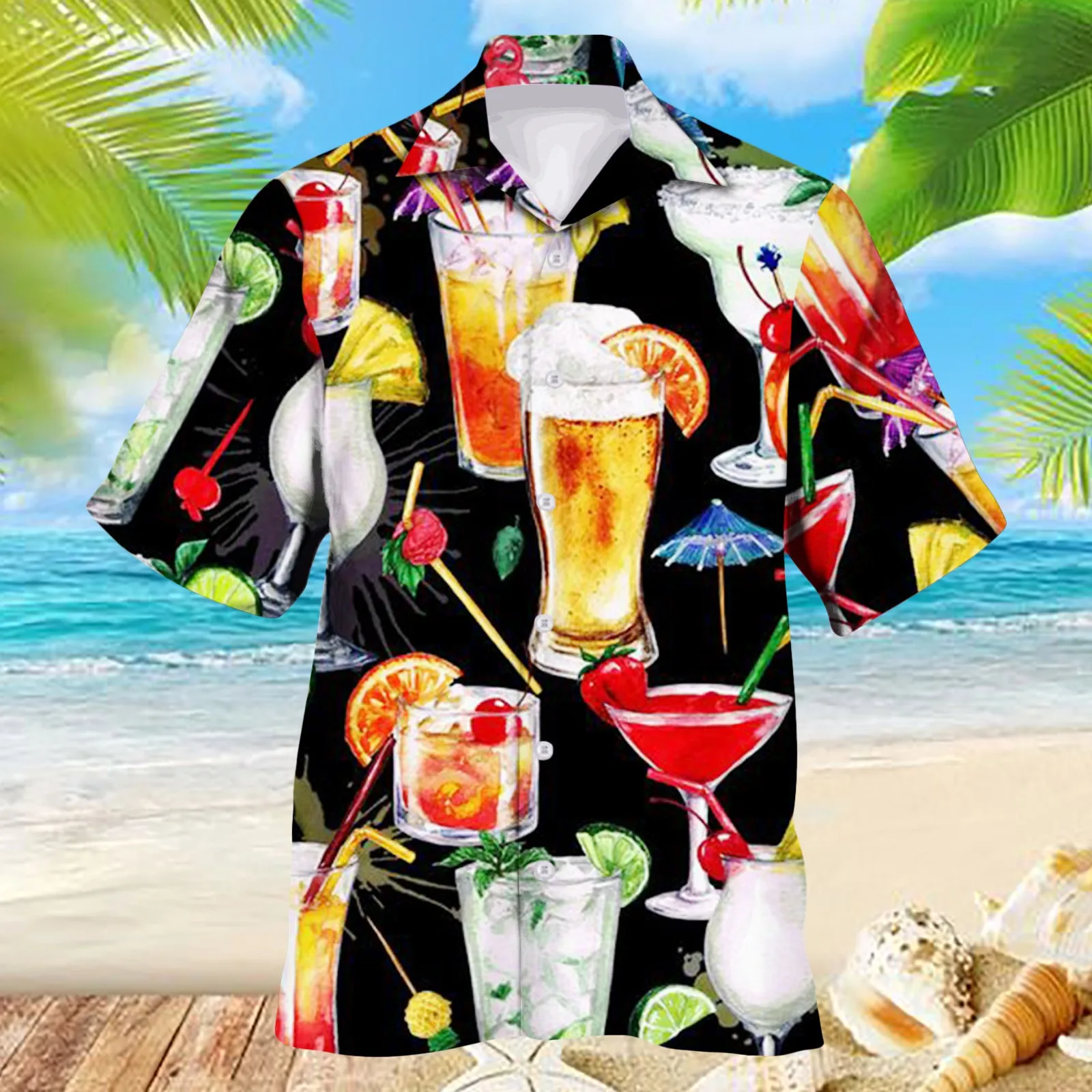 

Hawaiian Beach Harajuku Shirts For Men 3D Print Beer Short Sleeve Tees Summer Vacation Style Single-Breasted Tops Lapel Shirts