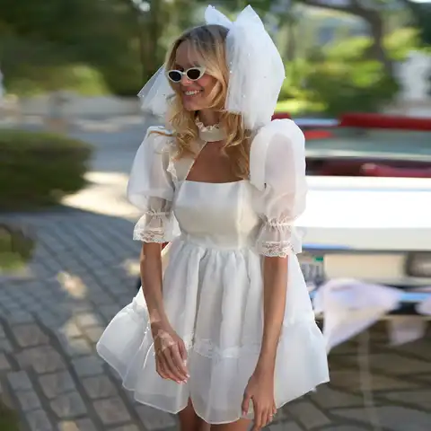 Wedding Dress White Bride Puff Sleeves High Collar Short Wedding Gown for Women Mini Lace Organza Vestidos de Novia 2022 Nuevos