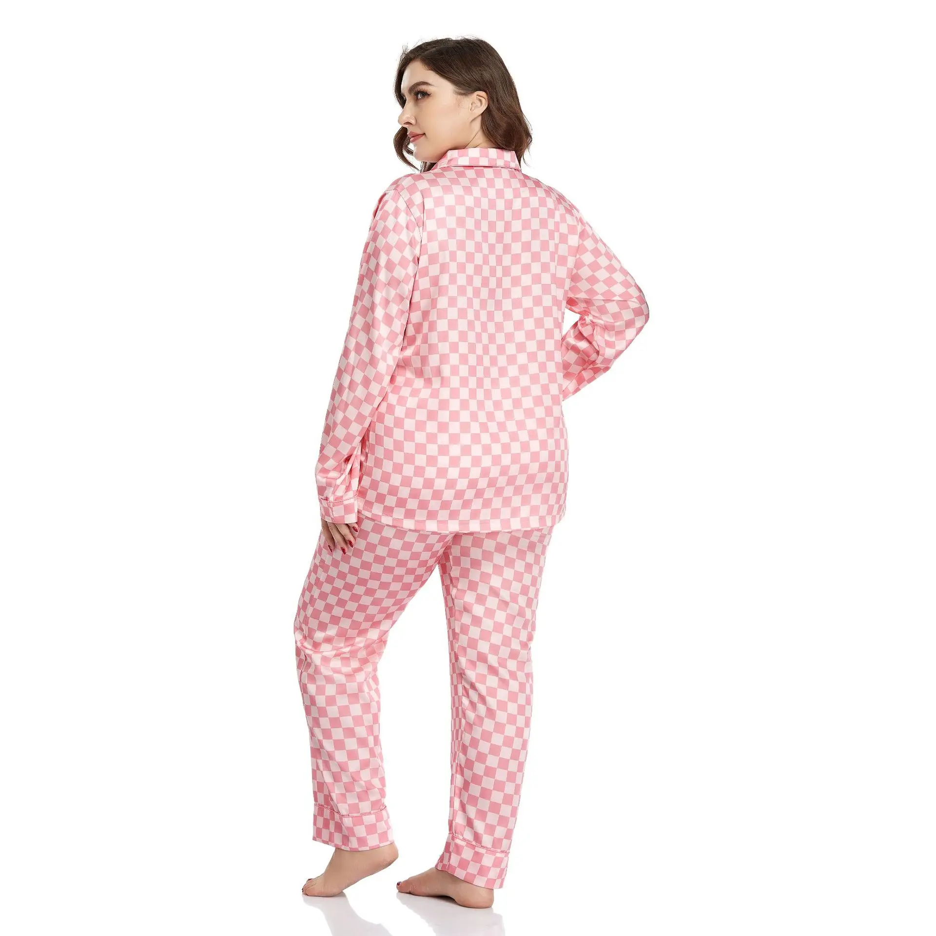 Ladies Plus Size Pajama Set Ladies Ice Silk Pajamas Homewear Cardigan Lapel Long Sleeve Pants Two Piece Set