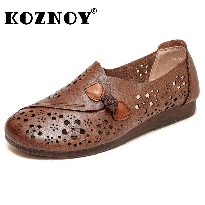 

Koznoy 2cm Ethnic Natural Genuine Leather Soft Soled Flats Loafers Women Hollow Novelty Moccasins Summer Round Toe Comfy Shoes