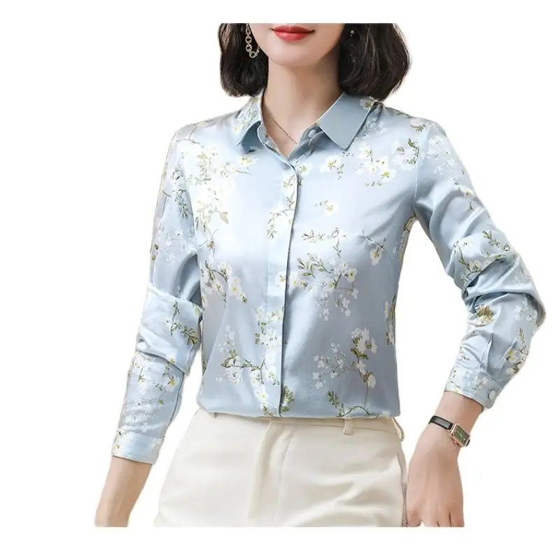 

Retro Floral White Silk Shirts Long Sleeve Women Designer Lapel Button Up Shirt 2023 Office Lady Basic Satin Blouse Print OL Top