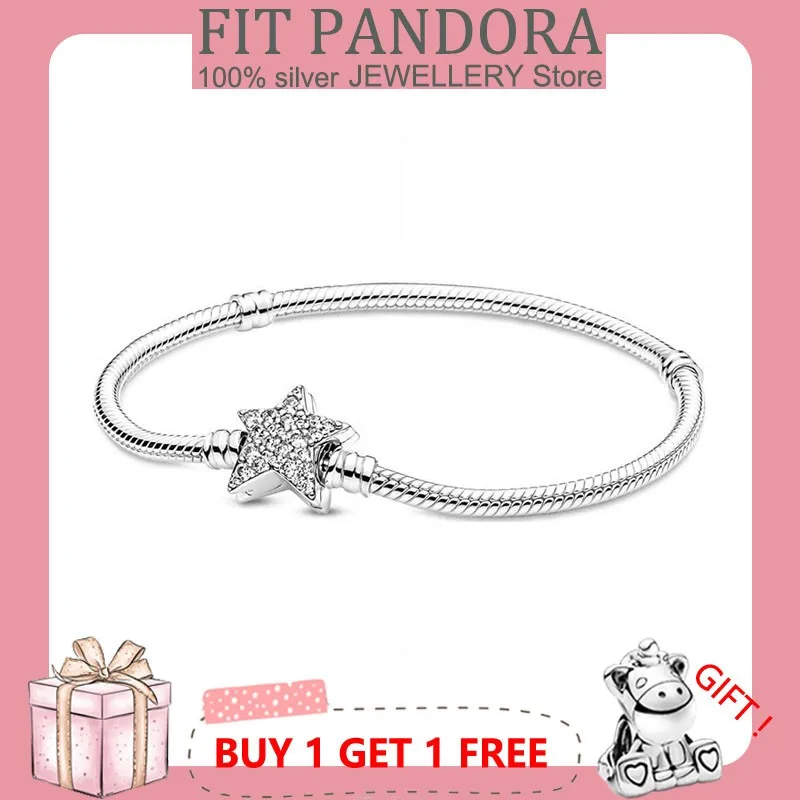 

S925 Sterling Silver Closely Inlaid Cz Stars Asymmetric Snake Bone Bracelet For Women Fit Original Pandor Charm Beads Jewelry