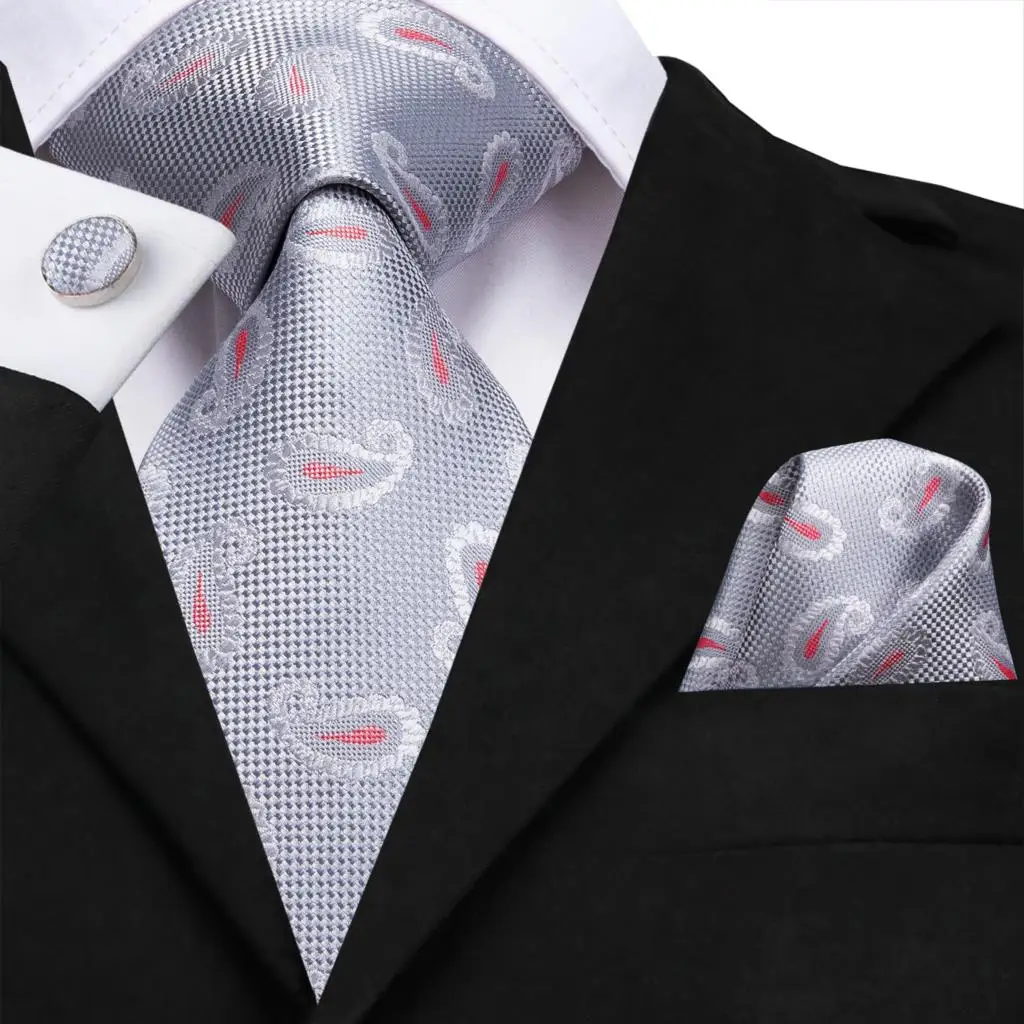 

Серебряный коралловый Шелковый Свадебный галстук с пейсли для мужчин, ручная работа, запонки, подарок, мужской галстук, модный дизайн, делов...