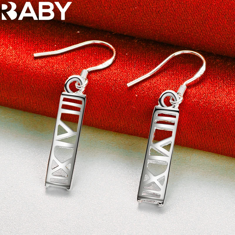 

925 Sterling Silver Fashion Roman Numeral Rectangle Drop Earrings For Woman Lady Wedding Charm Jewelry Accessories Party Gift