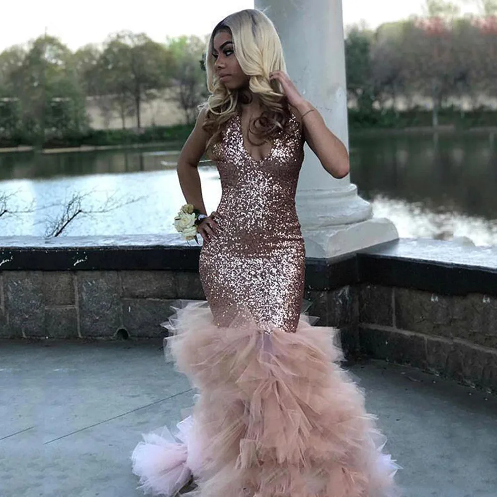

African Black Girls Sequined Prom Dress Rose Gold Formal Pageant Holidays Wear Graduation Evening Party Gown Custom Made
