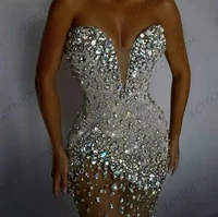 luxury shiny cystal beaded silver short v neck prom gowns 2022 girl sexy mini cocktail party dress mermaid women evening dresses