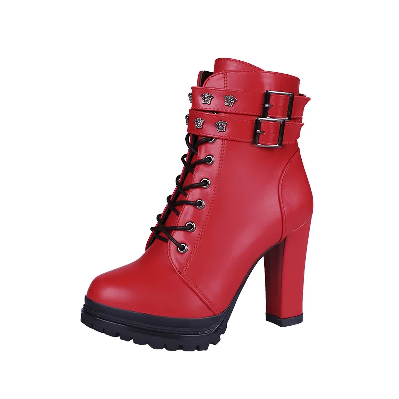 

2022 Winter New Chunky Heels Boots Women Fashion Lace Up Ankle Boots Sexy Rivet Belt Buckle Platform Knight Boots Botas De Mujer