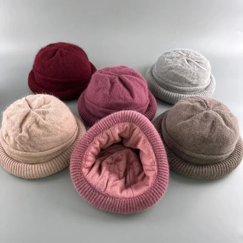 

Winter Women Wool Knitted Hat Female Fashion Temperament Curling Basin Hats Solid Color Warm Plus Velvet Thick Retro Bucket Caps