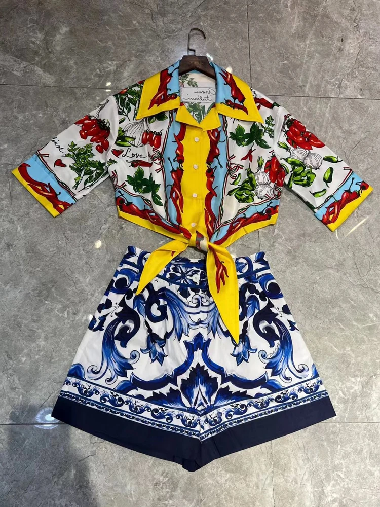 

Женский комплект RoosaRosee из двух предметов, шелковая блузка с отложным воротником и рукавом до локтя и бандажные хлопковые шорты, костюм для о...