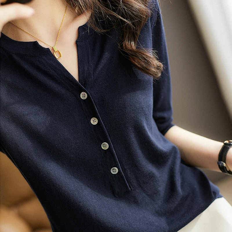 

Blouses Femme Top Short Sleeve Knit Blouse Women Pullover Blusas Mujer De Moda 2022 V-Neck Knitted Blouse Shirt Tops Women