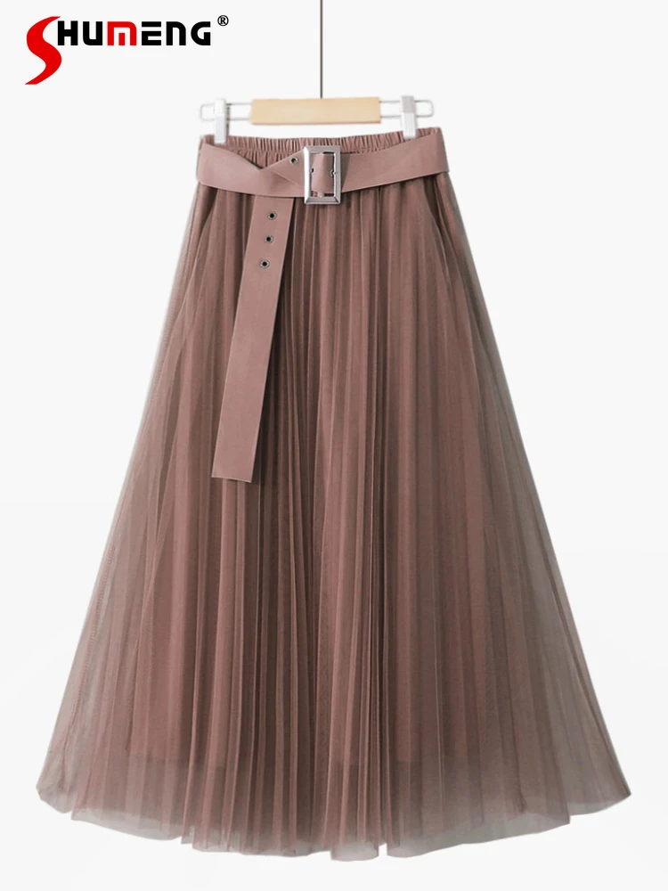 

Mesh Pleated Skirt with Belt Summer Korean Style Belt Simple Solid Color Sweet Elegant Big Hem Slimming Gauze Mid-Length Skirt
