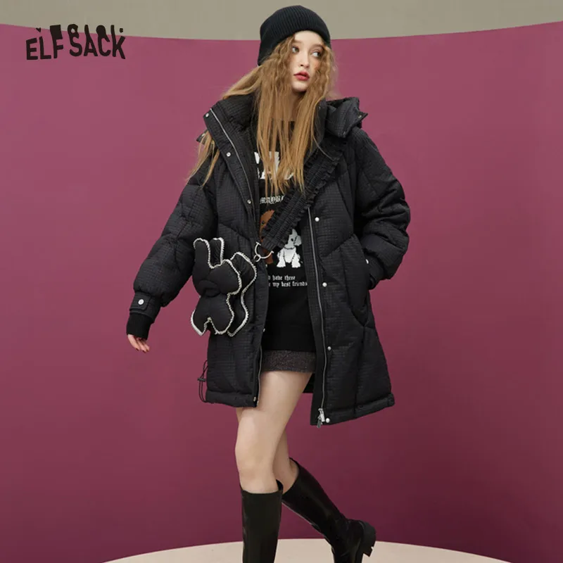 ELFSACK Black Warm Down Coats Women 2022 Winter Long Casual Coats