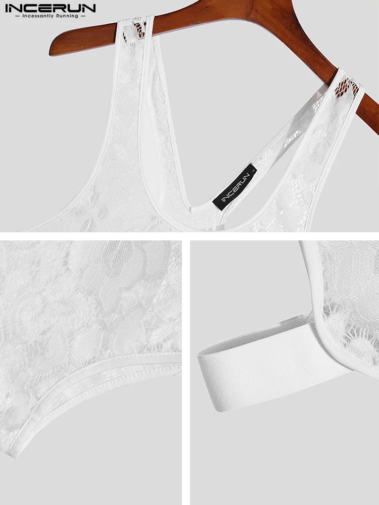 Fashion Homewear Men's Printing Jumpsuit INCERUN 2022 Stylish Male See-though Loose Comfortable Lace Sleeveless Bodysuits S-5XL