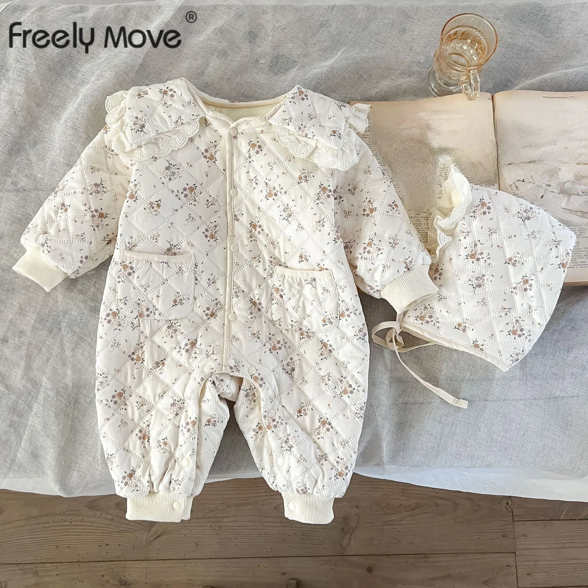 

Freely Move Ruffles Lace Newborn Baby Girl Clothes Long Sleeve Floral Princess Jumpsuit Autumn Winter Infant Girls Rompers+Hats