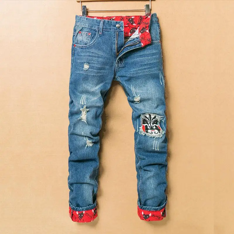

new printed jeans men, casual ripped jeans for men Retro Slim Straight men jeans tide printing beggar hole long denim pants