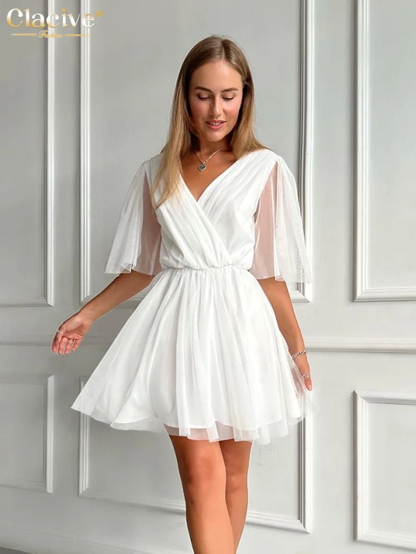 

Clacive Sexy V-Neck White Dress Woman Summer Short Sleeve Mini Dresses Elegant Backless High Waist Pleated Female Dress 2022