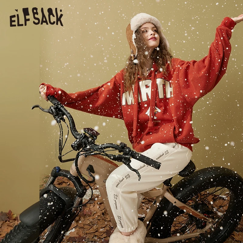 ELFSACK Fleece Warm Hoodies Women 2022 Winter Vintage Loose Long Sleeve Sweatshirts