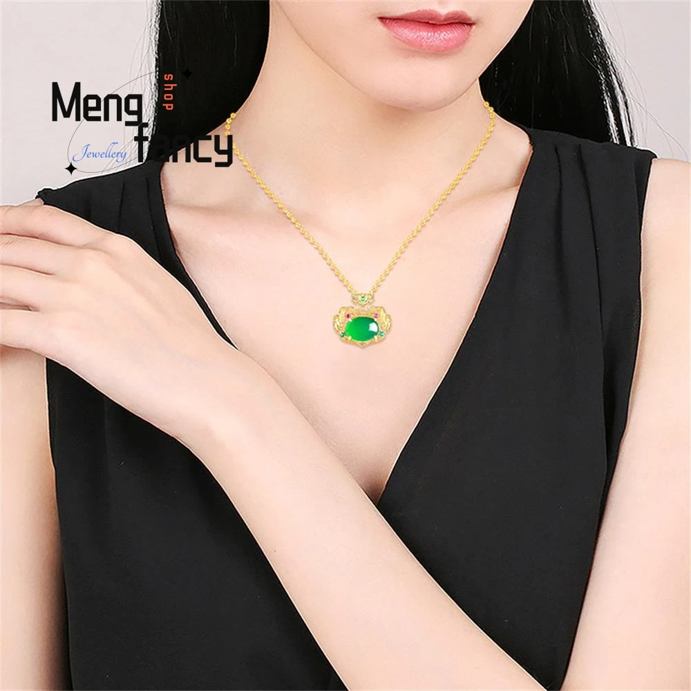 Подлинный натуральный зеленый агат халцедон Ruyi замок Медный позолоченный кулон