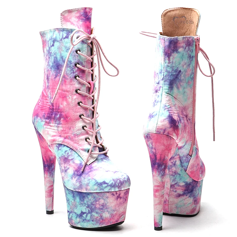 Leecabe Pink flowers PU Upper 17CM/7inches Pole dancing shoes High Heel platform Pole Dance boot