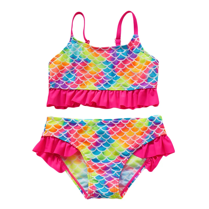 

Girls Two-piece Bathing Suit, Fish Scale Print Flouncy Swimming Tops and Bottoms, Pink/ Purple