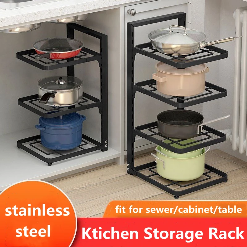 

Rack Rack Storage Pantry Kitchen Rack Stainless Pot Cabinet Special Table Storage Pot Multi-layer Adjustable Steel Rack Sewer