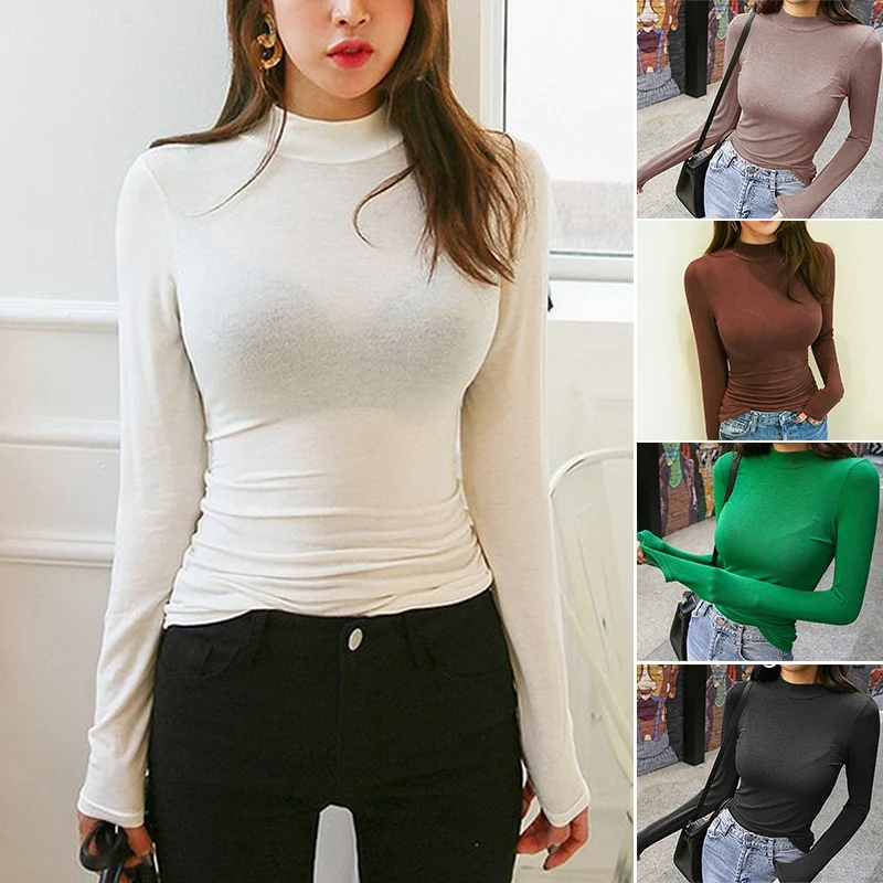 

Осенне-зимняя Сексуальная Футболка Kpop, эксклюзивная тонкая футболка с высоким воротником для отдыха, женская футболка