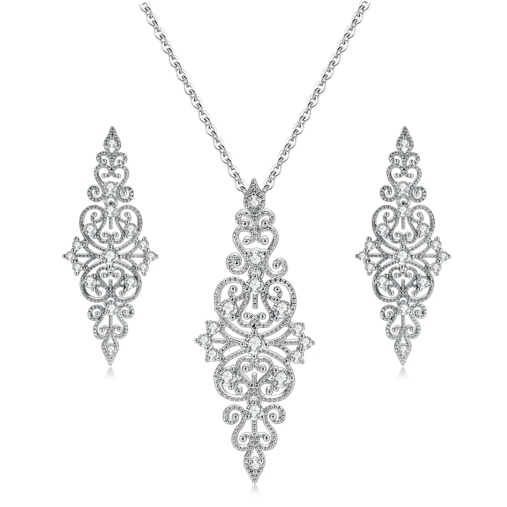

Jewelry Sets for Women Girl Elegant Hollow-out Retro Pendant Necklace Earring Design Silver Chain Choker Ear Hoops