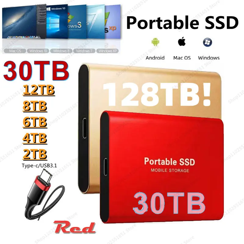 

Portable SSD 128TB 64TB Mobile Solid State Drive 8tb 4TB External Storage Decives Type-C USB 3.1 Interface for Laptop/PC/ Mac
