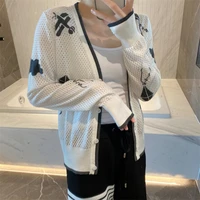 summer college style tb intarsia crochet hollow knitted cardigan womens single breasted embroidered sunscreen jacket