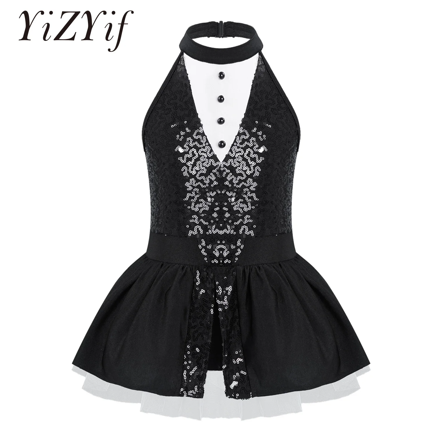 

Kids Girls Sequins Jazz Dance Wear Halter Gymnastics Leotards Girls Ballerina Ballet Tutu Dress Modern Lyrical Dancing Costume