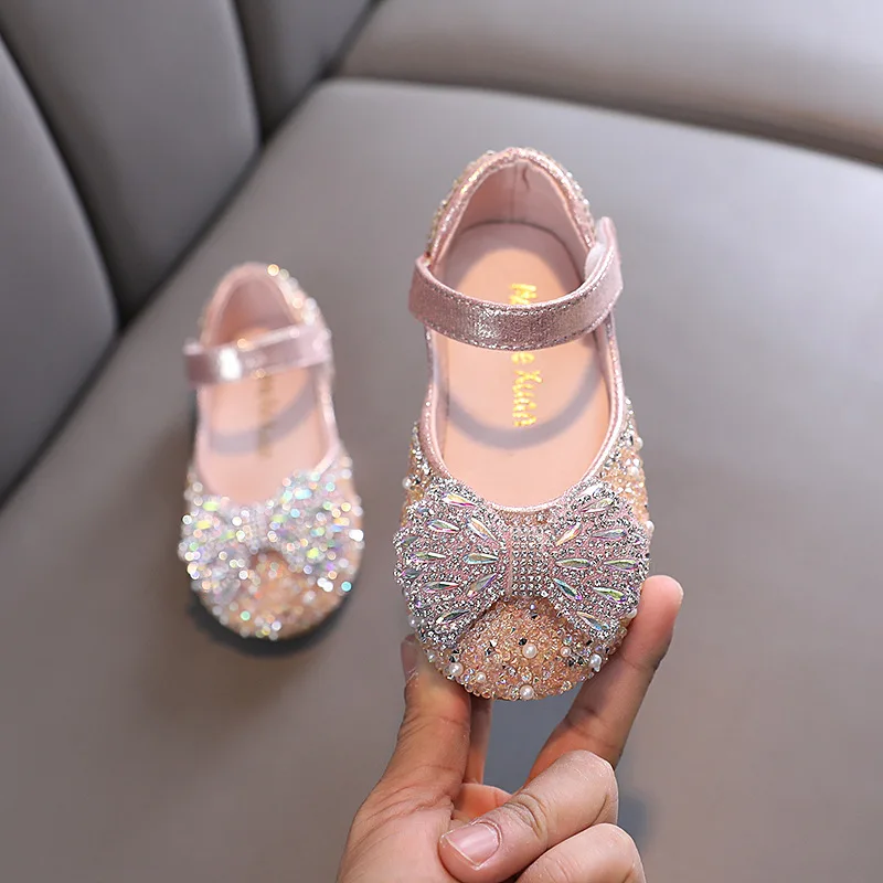 

Kids Rhinestone Leather Shoes Girls Mary Jane Shoes Fashion Glitter Princess Dance Shoes Children's Pearl Bow Crystal Shoes